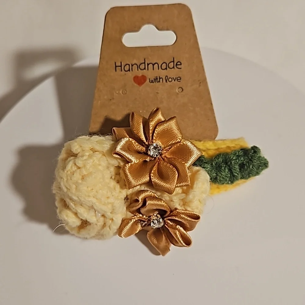 Hand Crafted Crochet hair accessory silver barrete 2- gold flowers handmade rose